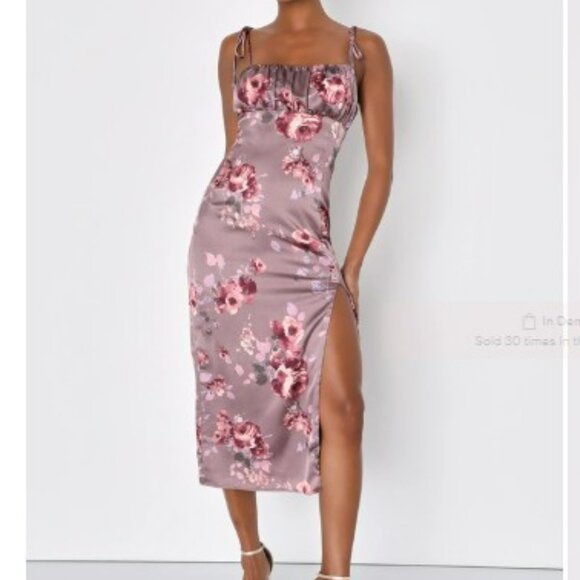 NWT! Lulus Fleur-ty Behavior Mauve Floral Satin Tie-strap Midi Dress Purple - Picture 1 of 4